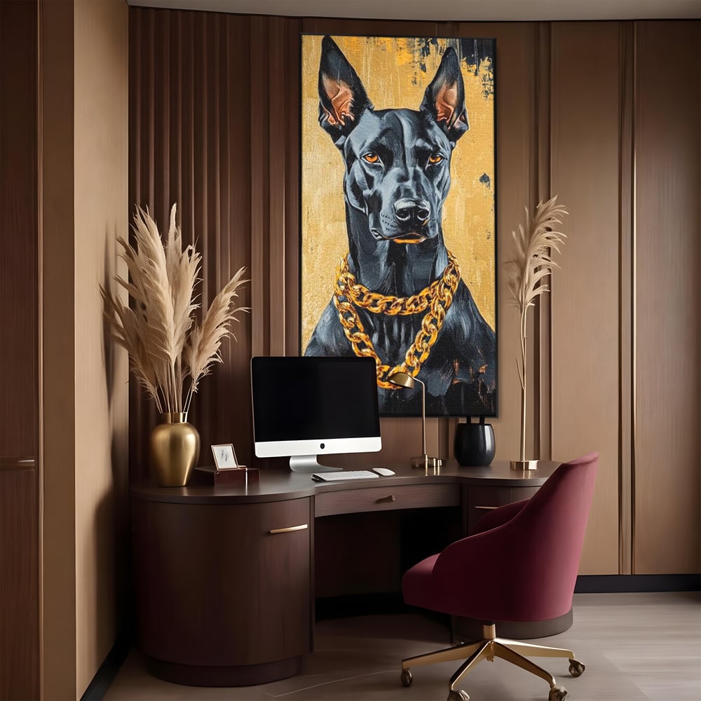 Tablou canvas cu tablou canvas cu doberman negru, in rama de aluminiu negru, pe perete intr-un birou